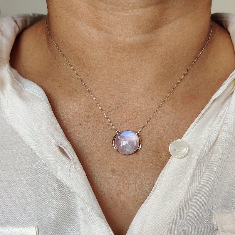 Natural Rainbow Moonstone 14K Solid Gold Pendant Necklace - June Birthstone