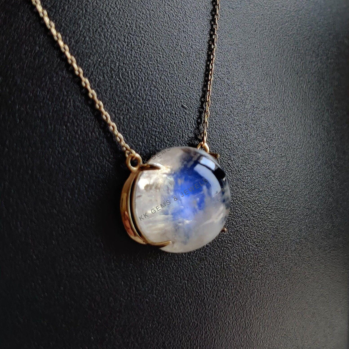 Natural Rainbow Moonstone 14K Solid Gold Pendant Necklace - June Birthstone