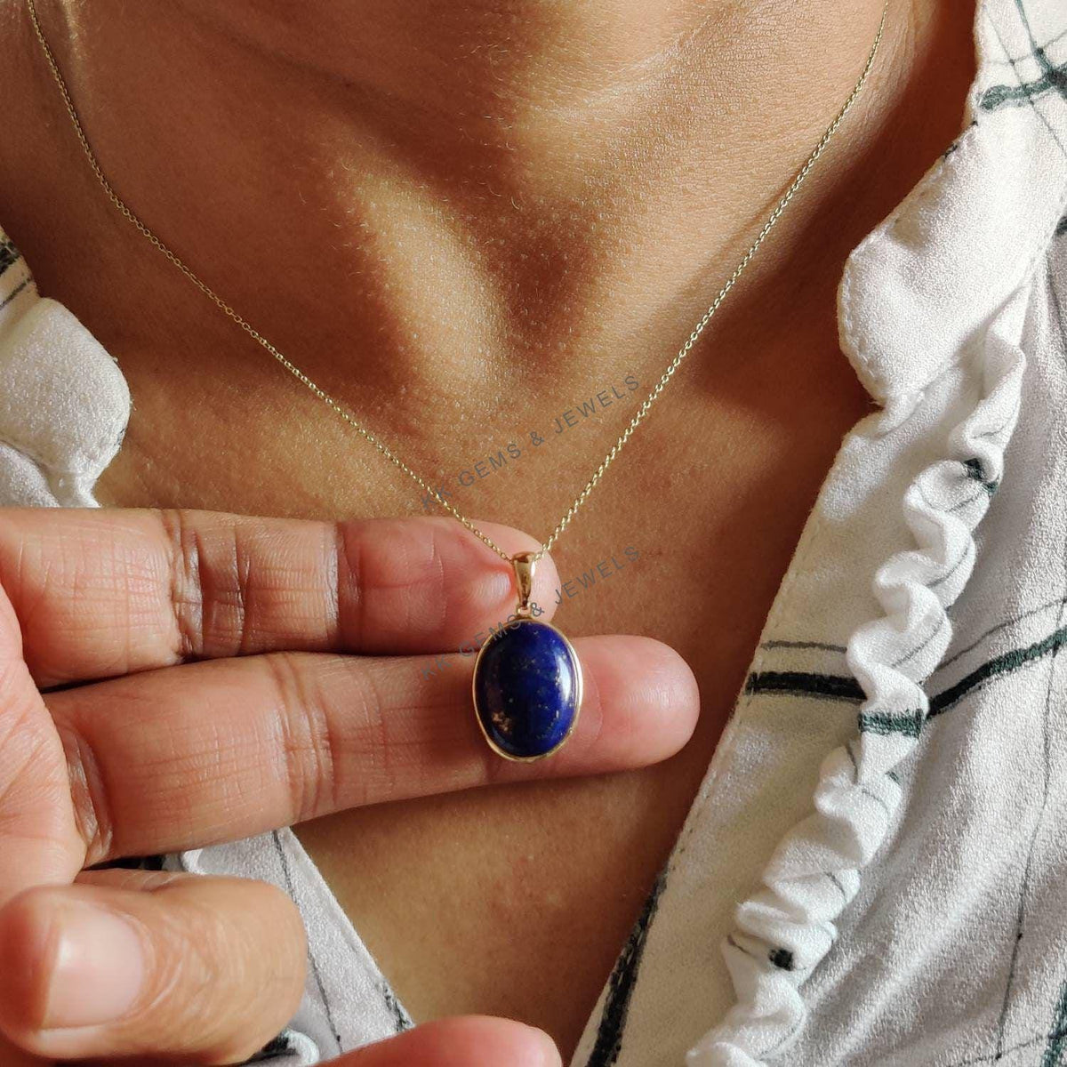 Natural Lapis Lazuli Pendant, 14K Solid Yellow Gold Bezel, September Birthstone