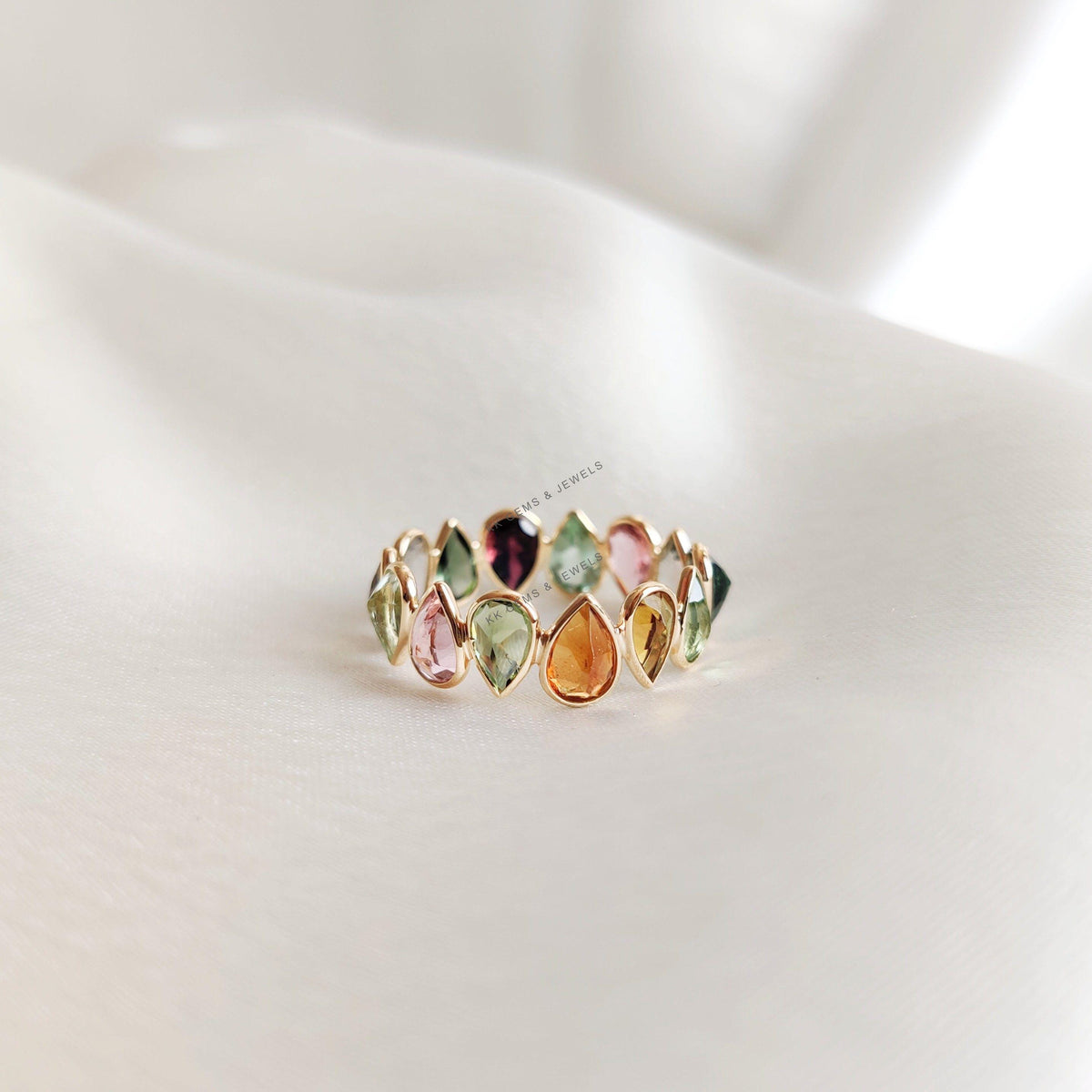14k Solid Gold Natural Multi Tourmaline Infinity Ring, Gemstone Bezel Band