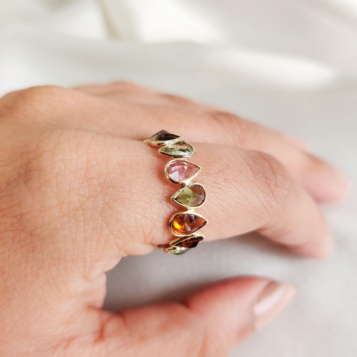 14k Solid Gold Natural Multi Tourmaline Infinity Ring, Gemstone Bezel Band