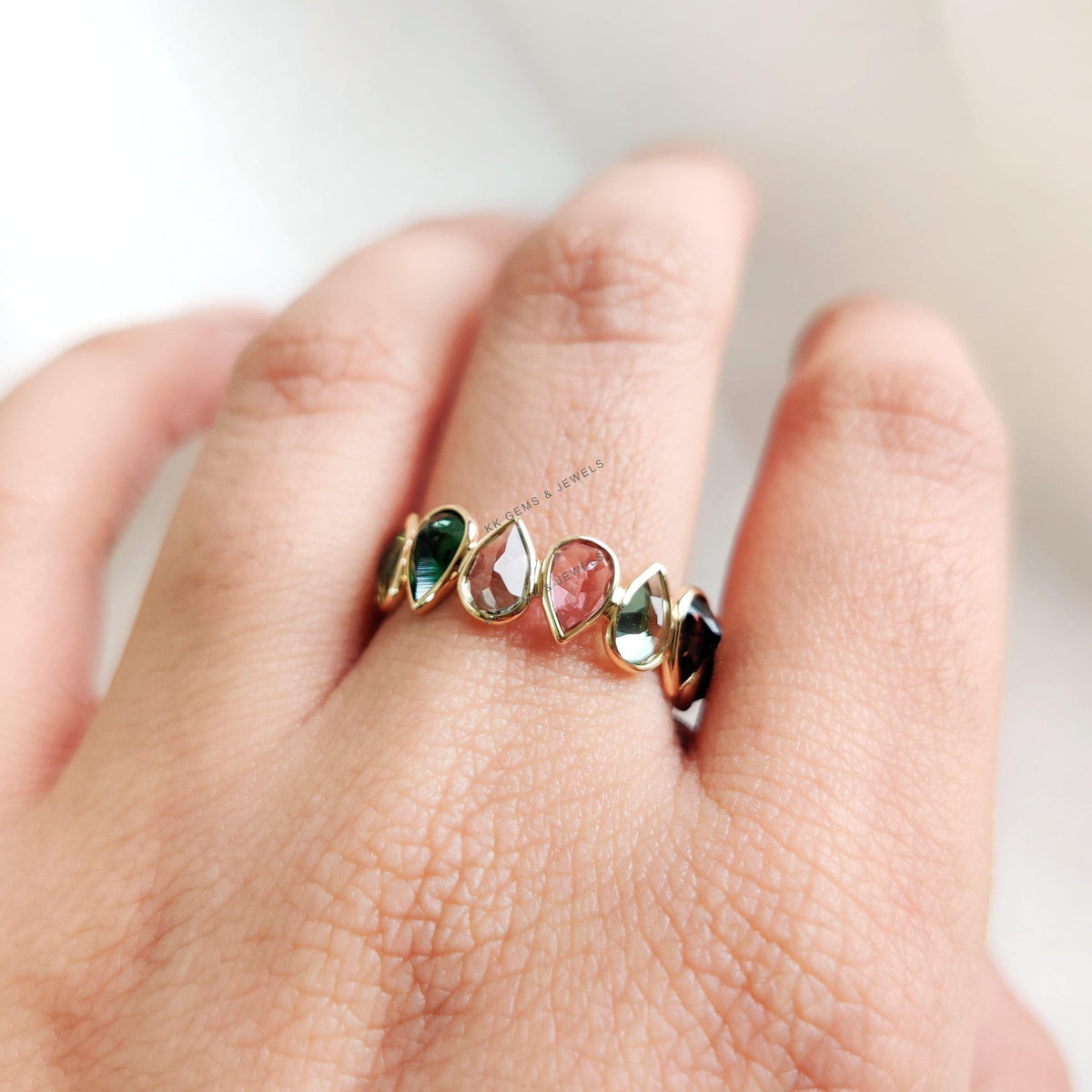 14k Solid Gold Natural Multi Tourmaline Infinity Ring, Gemstone Bezel Band