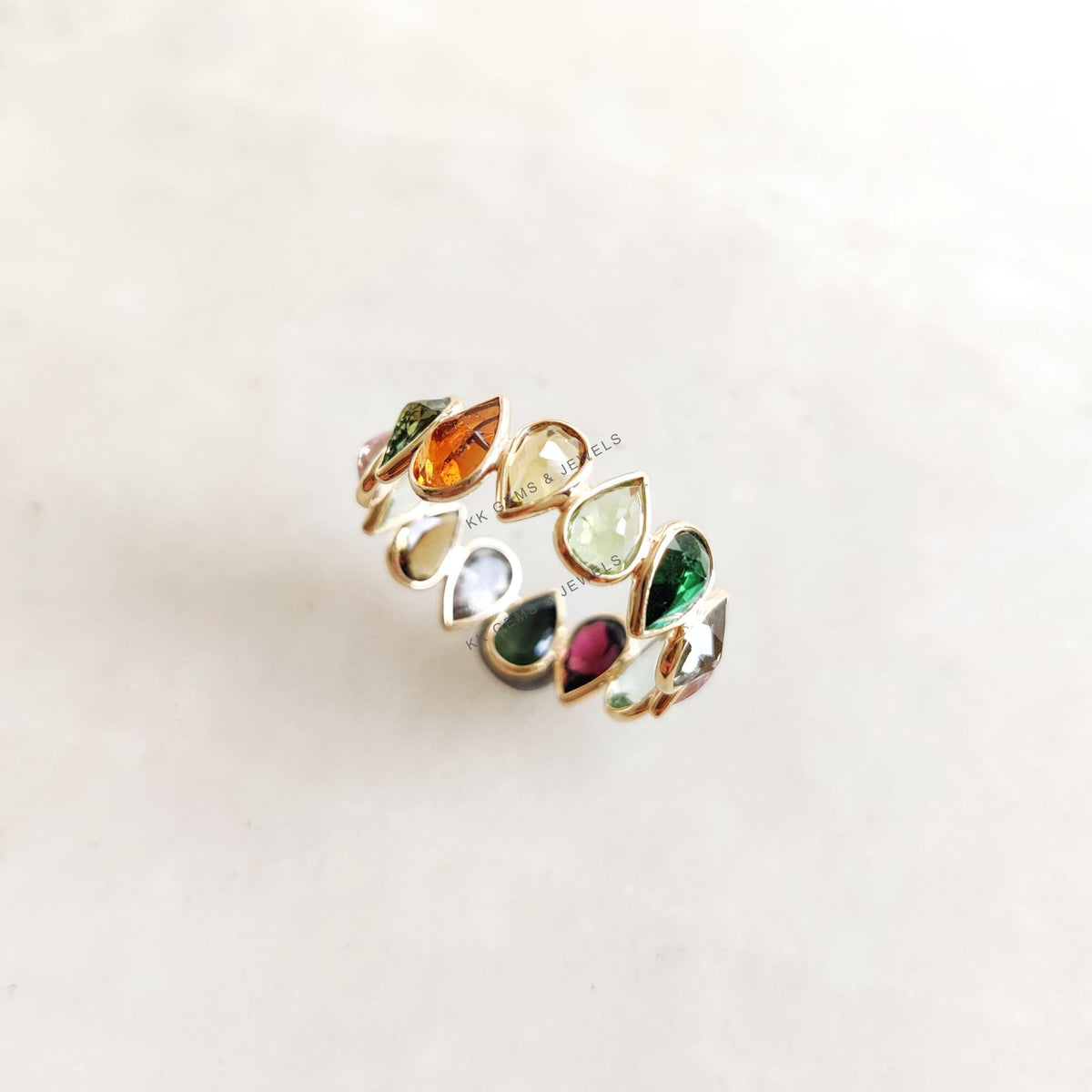 14k Solid Gold Natural Multi Tourmaline Infinity Ring, Gemstone Bezel Band