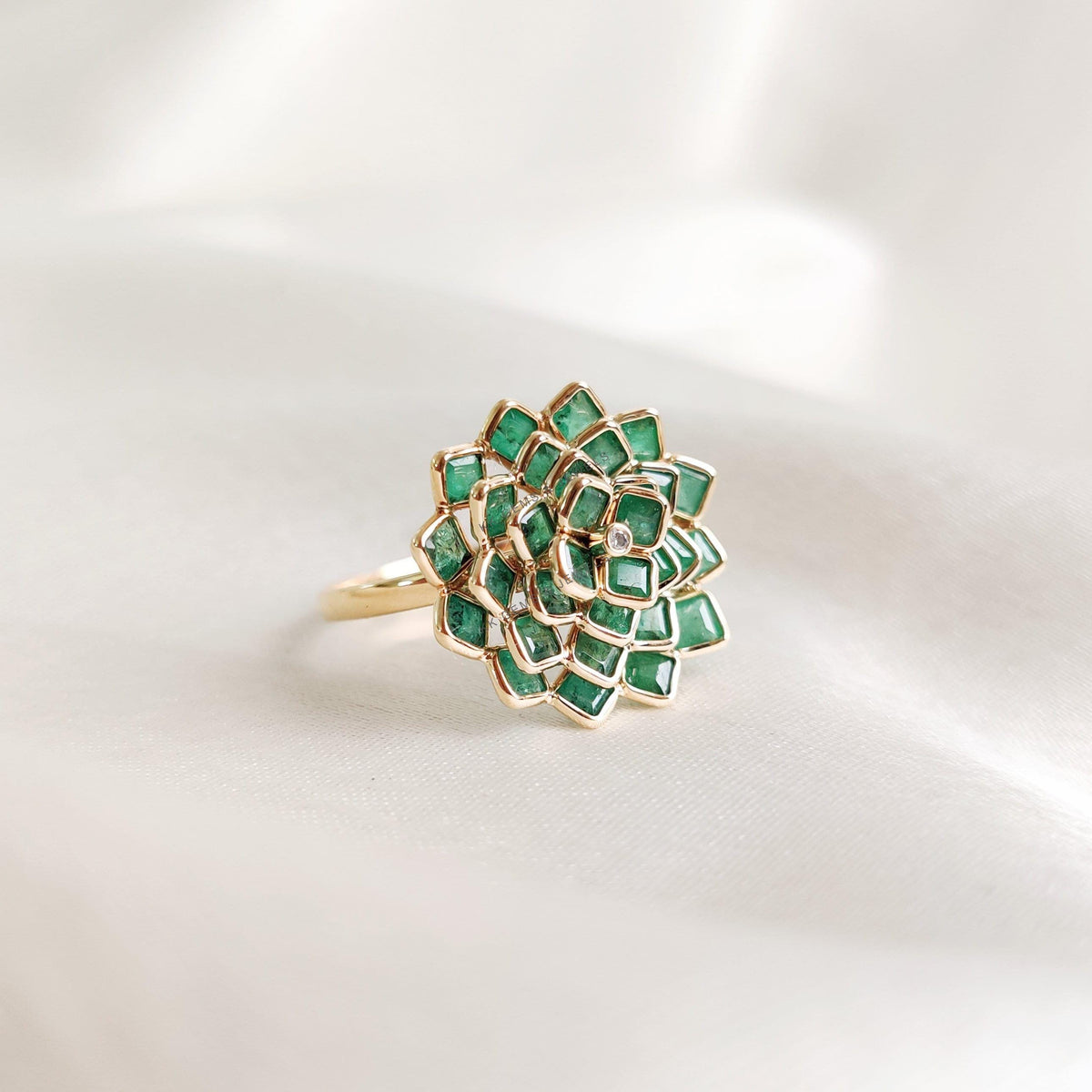 Natural Emerald & Diamond Flower Ring, 14K Solid Gold, Engagement Ring