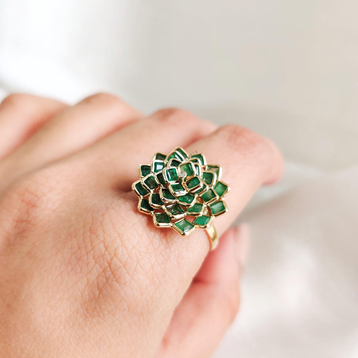Natural Emerald & Diamond Flower Ring, 14K Solid Gold, Engagement Ring
