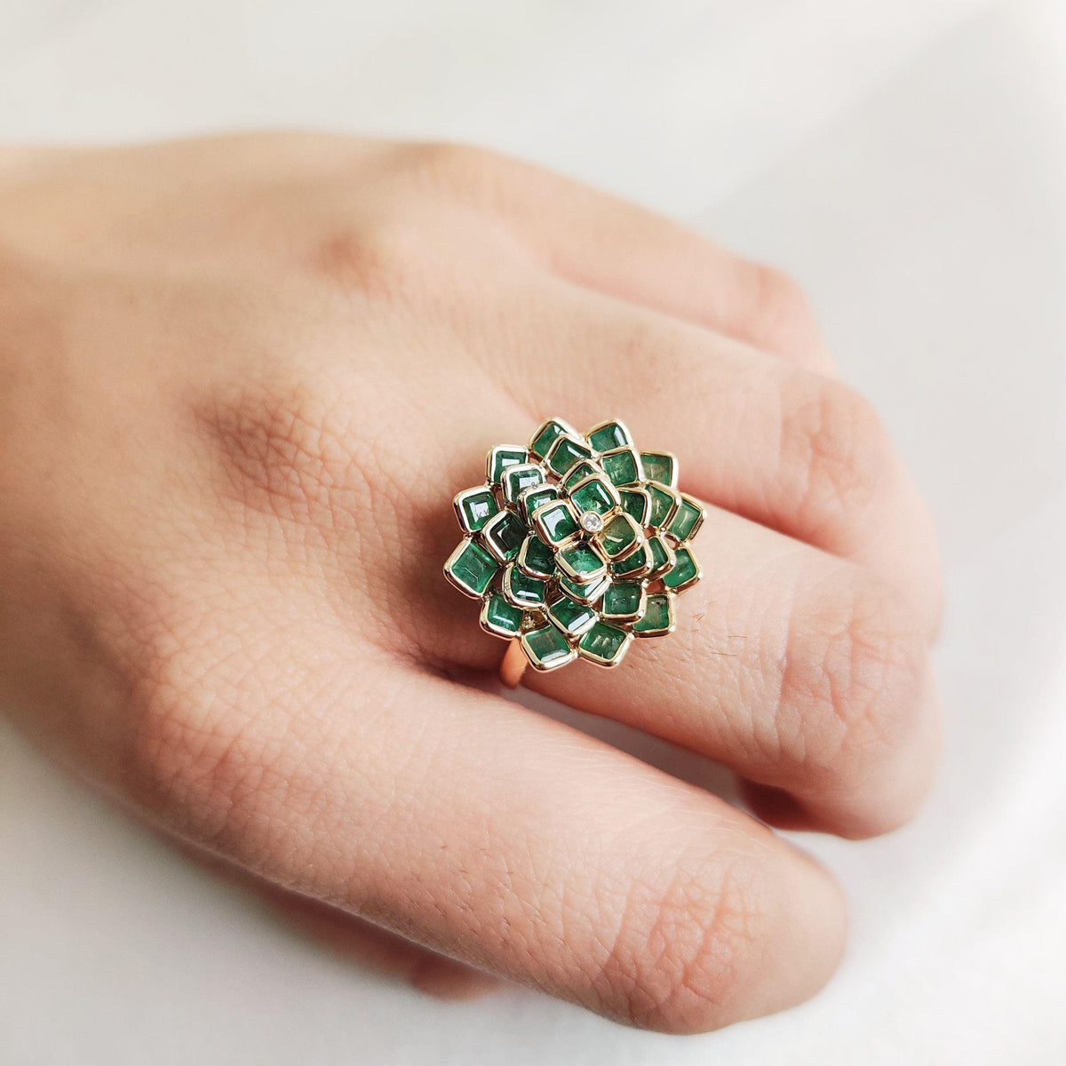 Natural Emerald & Diamond Flower Ring, 14K Solid Gold, Engagement Ring