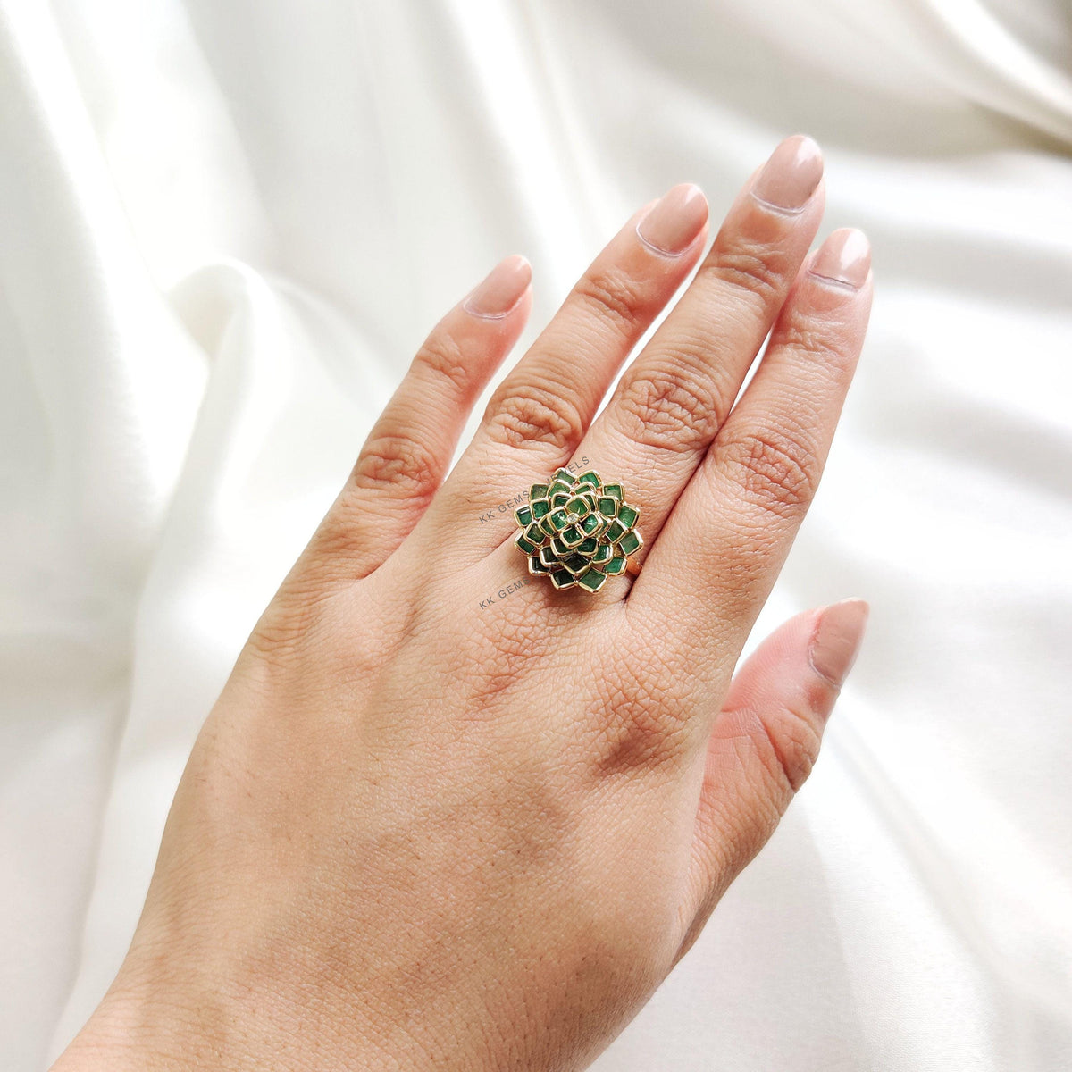 Natural Emerald & Diamond Flower Ring, 14K Solid Gold, Engagement Ring