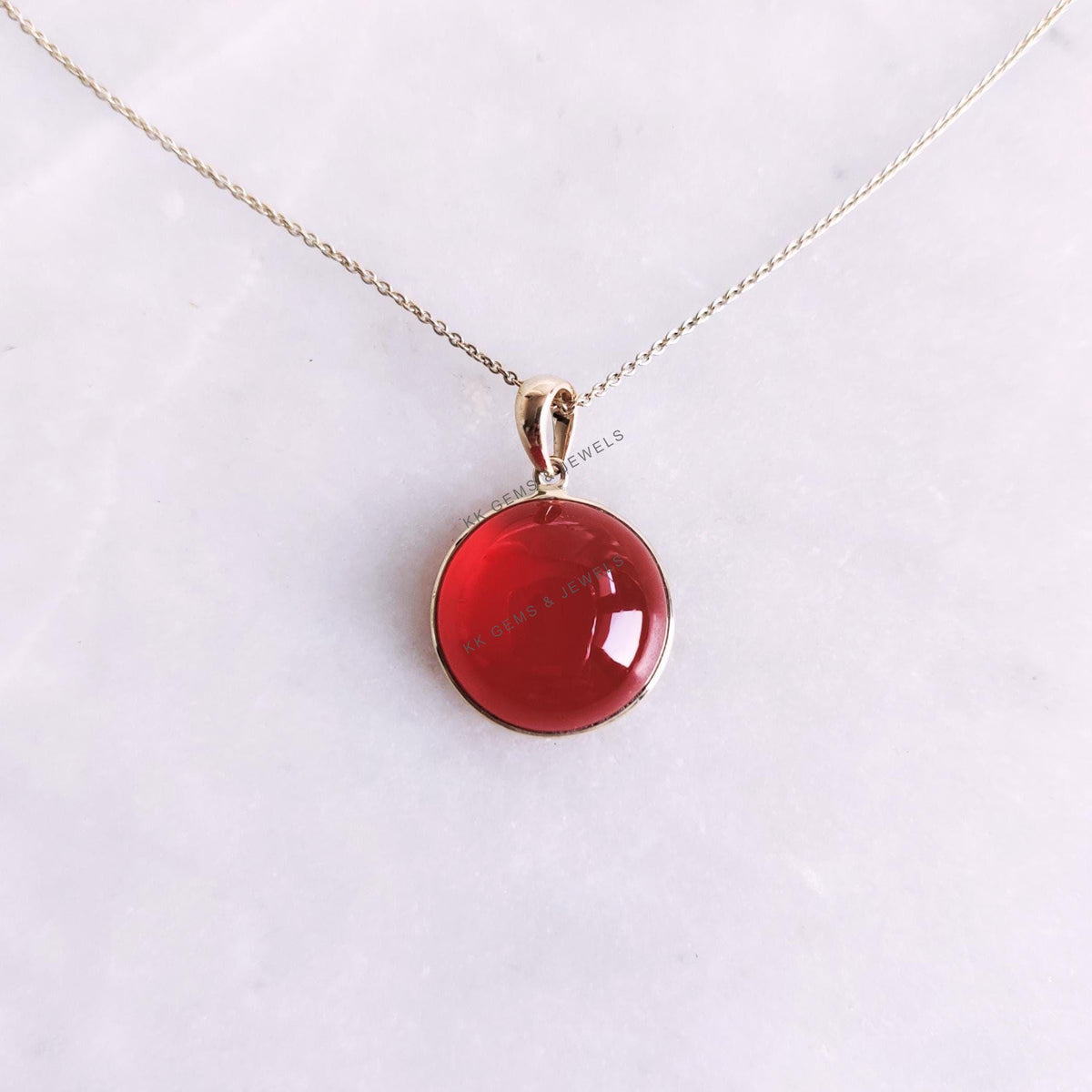 14K Solid Yellow Gold Natural Red Onyx Round Pendant, July Birthstone