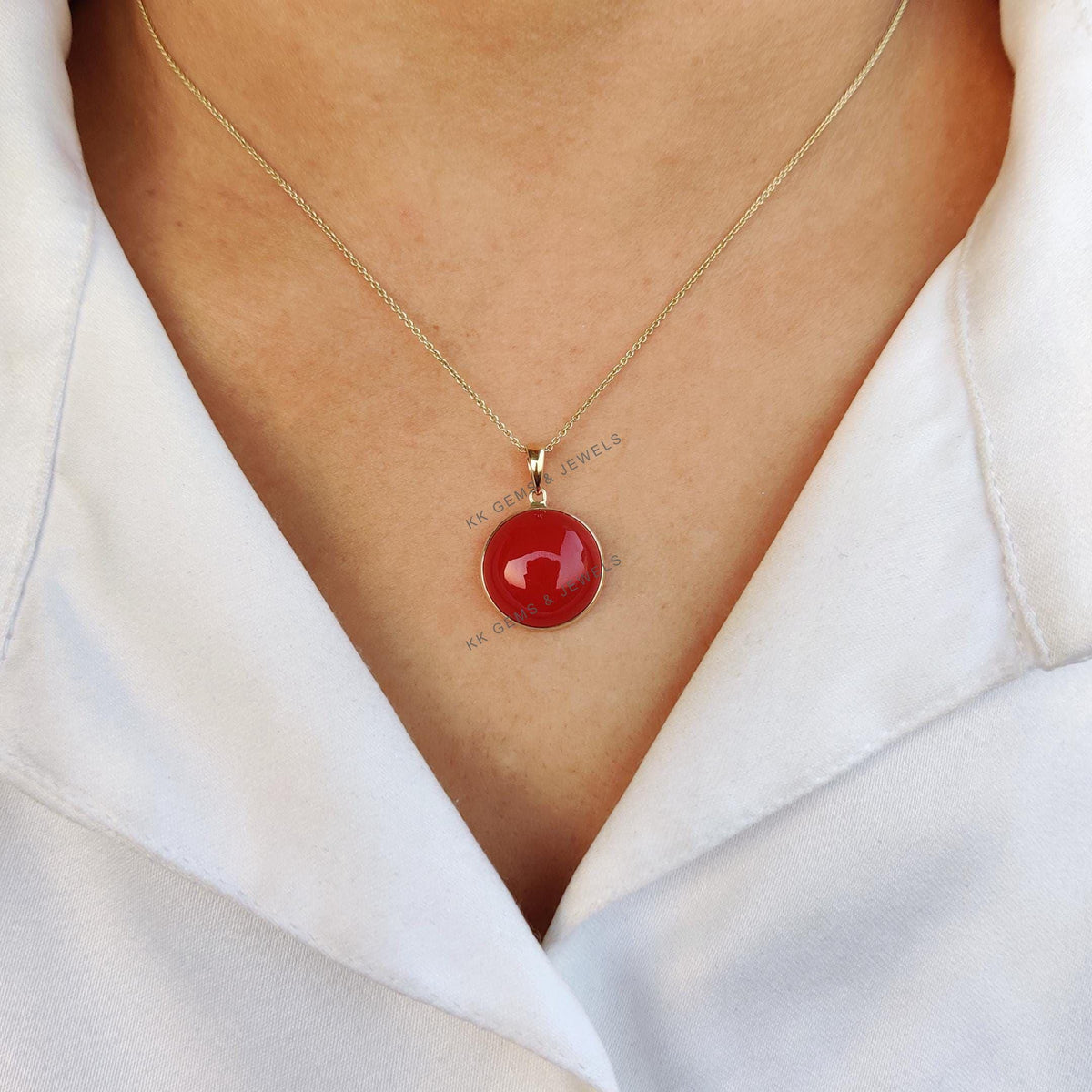 14K Solid Yellow Gold Natural Red Onyx Round Pendant, July Birthstone