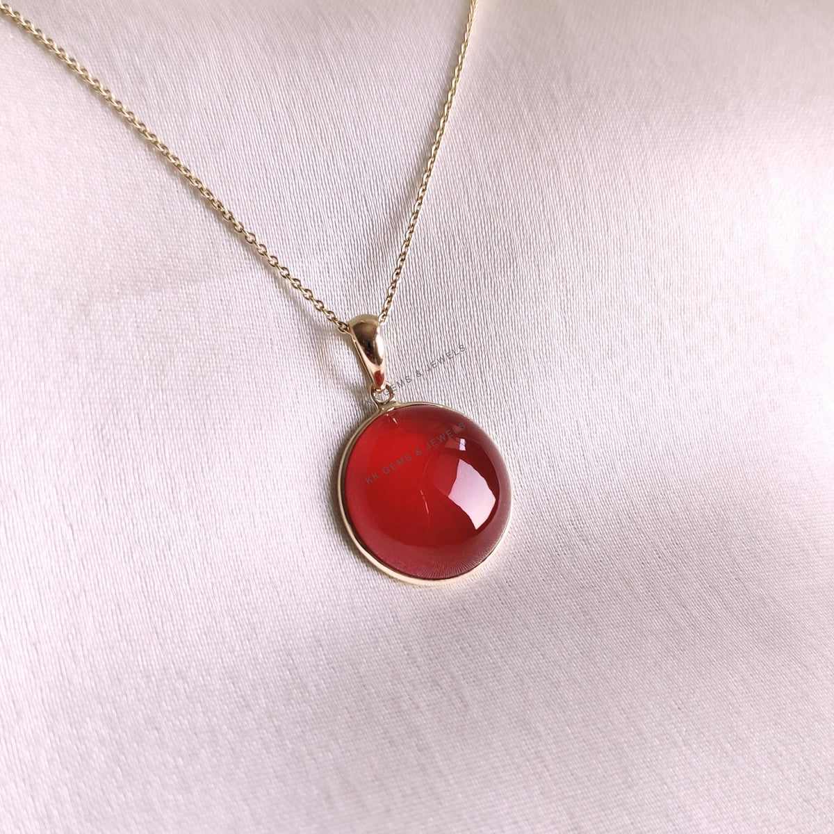 14K Solid Yellow Gold Natural Red Onyx Round Pendant, July Birthstone