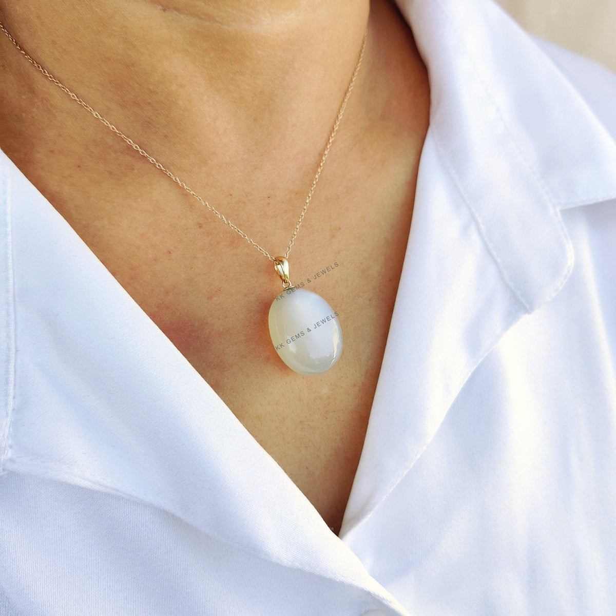 14K Solid Yellow Gold Natural White Moonstone Drill Pendant, June Birthstone Jewelry
