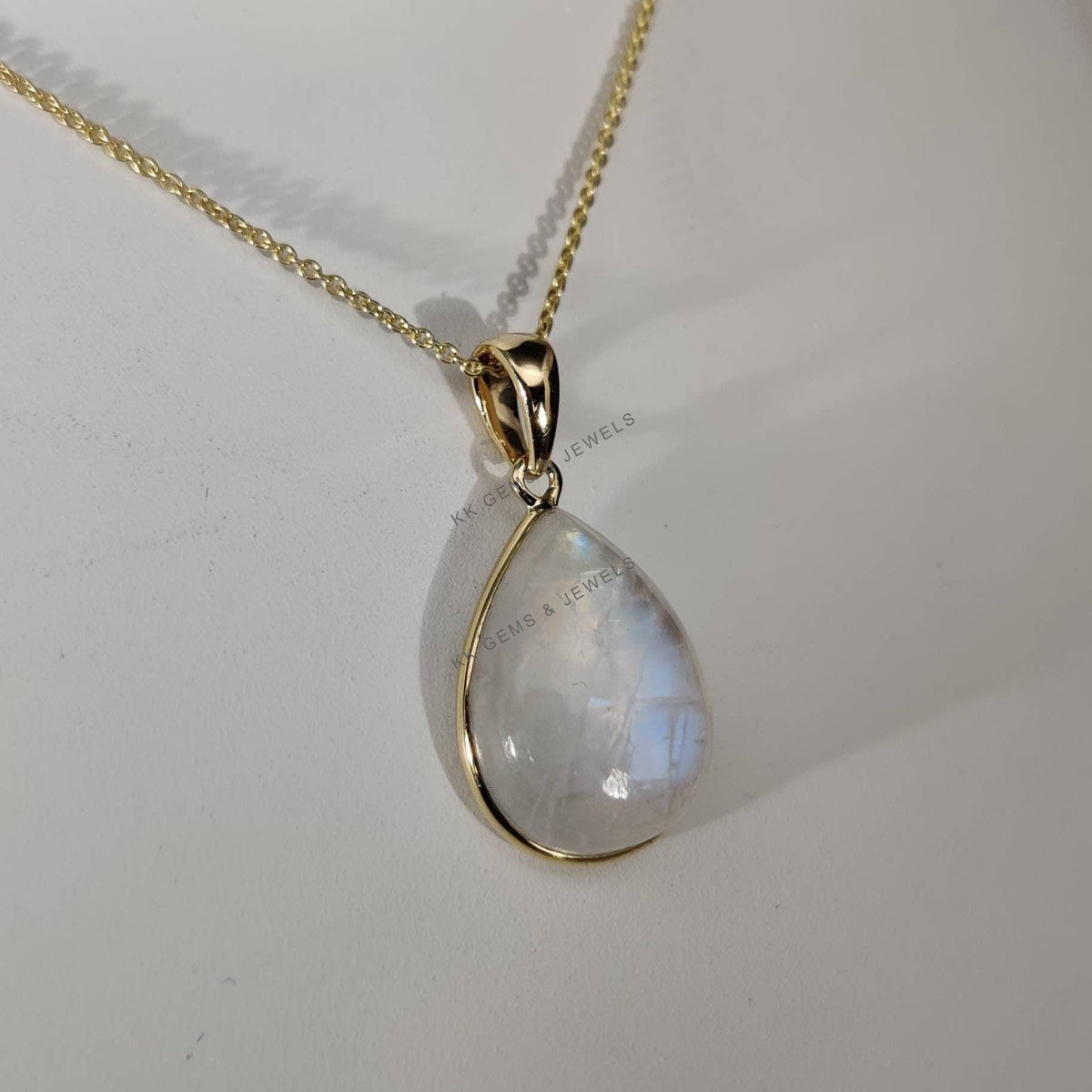 Natural Rainbow Moonstone Pendant, 14K Solid Yellow Gold Pear Bezel Pendant