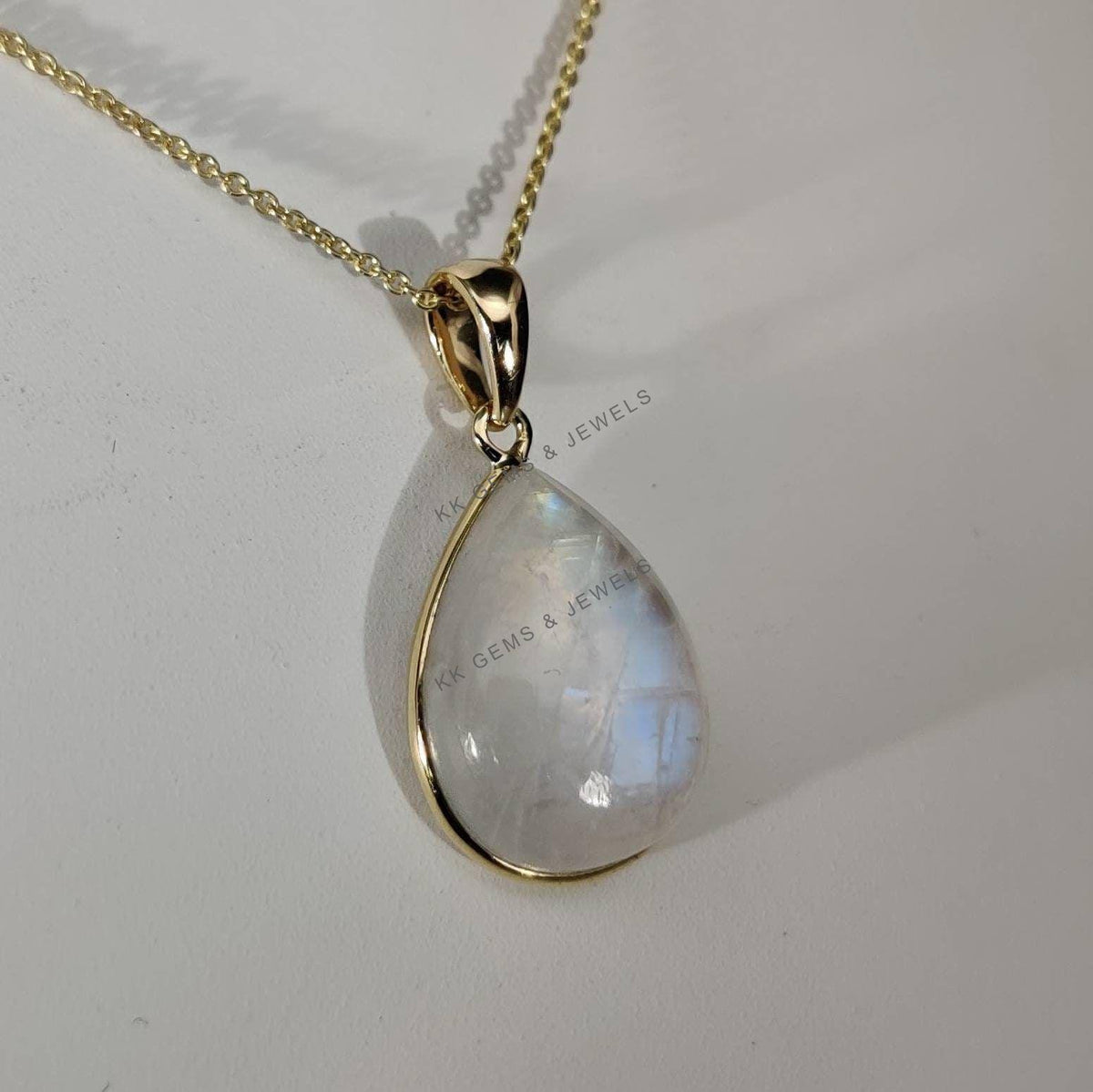 Natural Rainbow Moonstone Pendant, 14K Solid Yellow Gold Pear Bezel Pendant