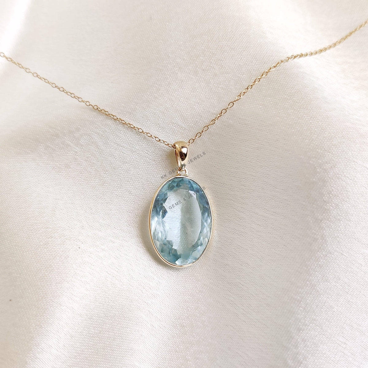 Natural Aquamarine 14K Solid Yellow Gold Bezel Pendant, March Birthstone