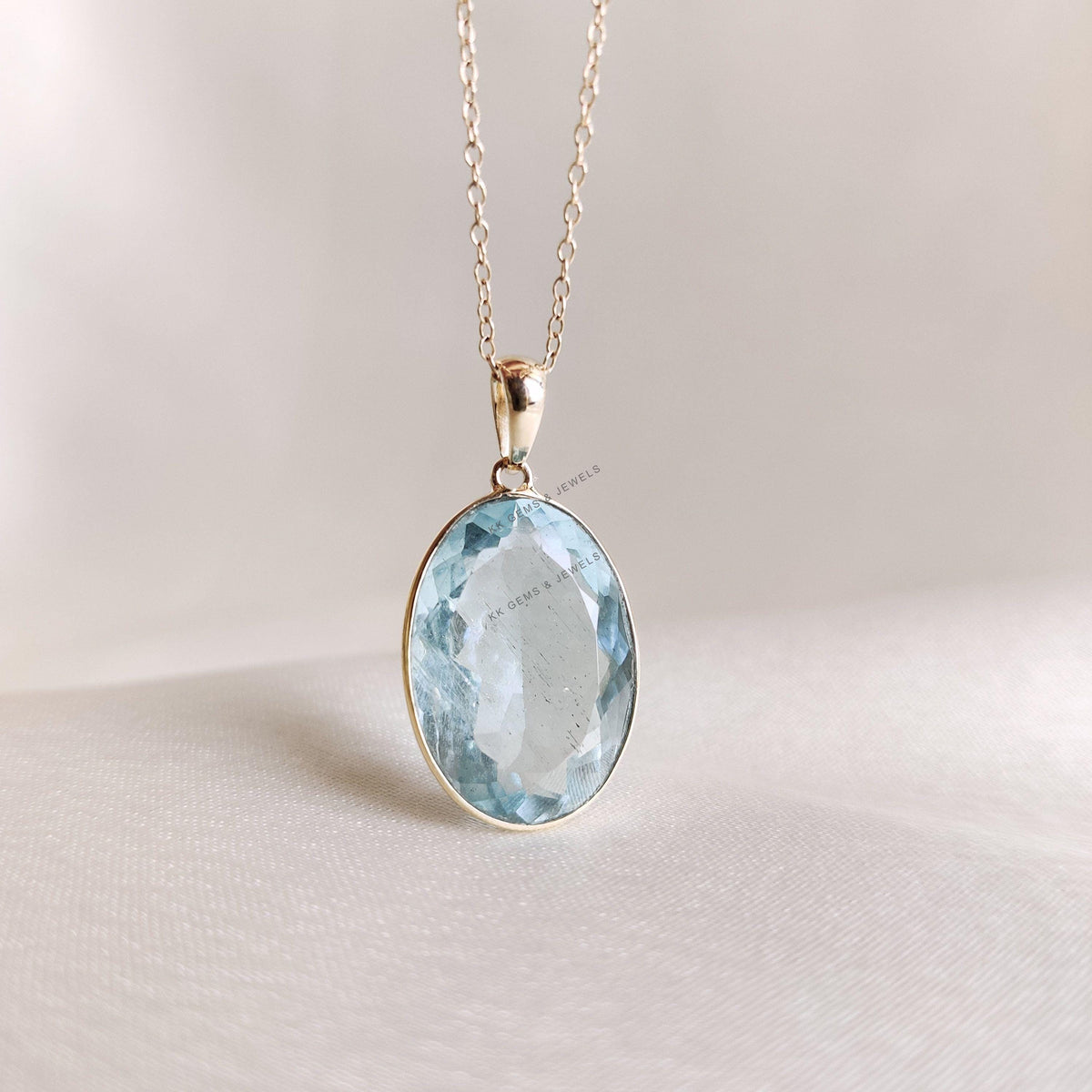 Natural Aquamarine 14K Solid Yellow Gold Bezel Pendant, March Birthstone