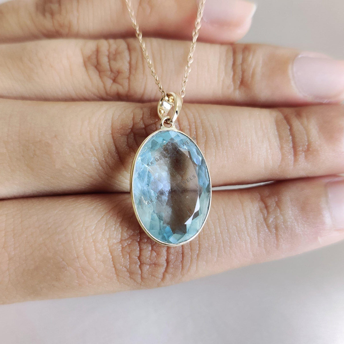 Natural Aquamarine 14K Solid Yellow Gold Bezel Pendant, March Birthstone