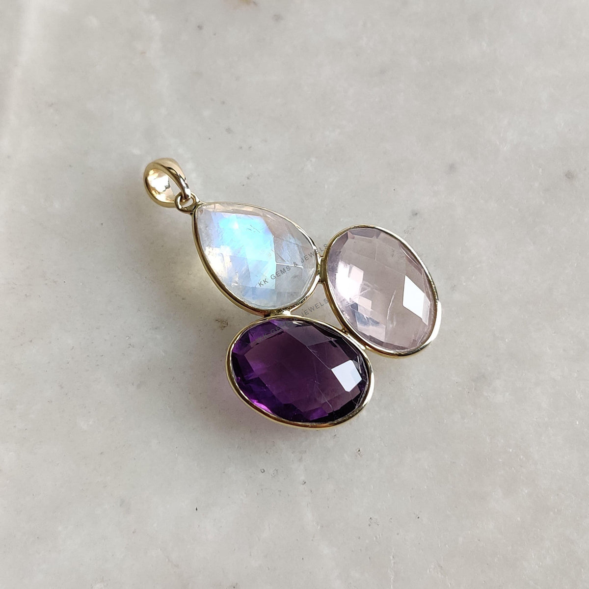 14k Solid Yellow Gold Natural Rainbow Moonstone & Purple Amethyst Rose Quartz Pendant, Christmas Gift