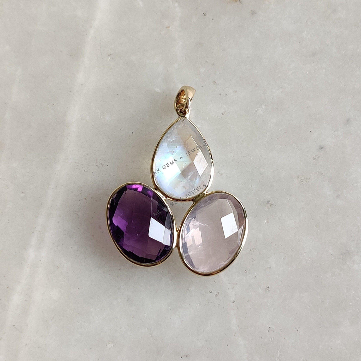 14k Solid Yellow Gold Natural Rainbow Moonstone & Purple Amethyst Rose Quartz Pendant, Christmas Gift
