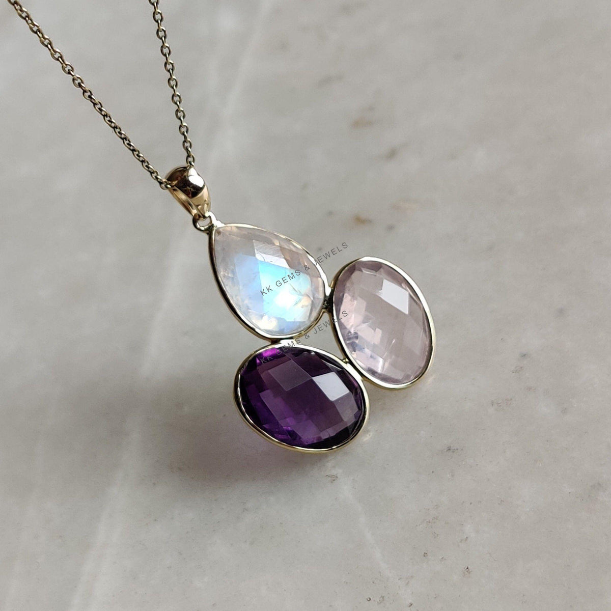 14k Solid Yellow Gold Natural Rainbow Moonstone & Purple Amethyst Rose Quartz Pendant, Christmas Gift