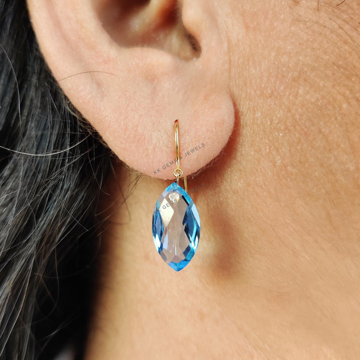 Natural Swiss Blue Topaz & Diamond Drill Earrings, 18K Yellow Gold Marquise Briolette