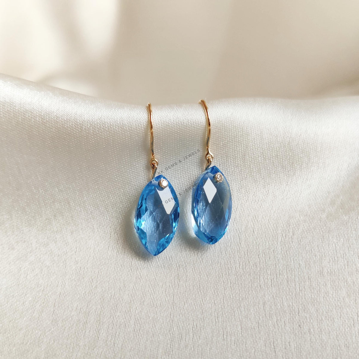 Natural Swiss Blue Topaz & Diamond Drill Earrings, 18K Yellow Gold Marquise Briolette