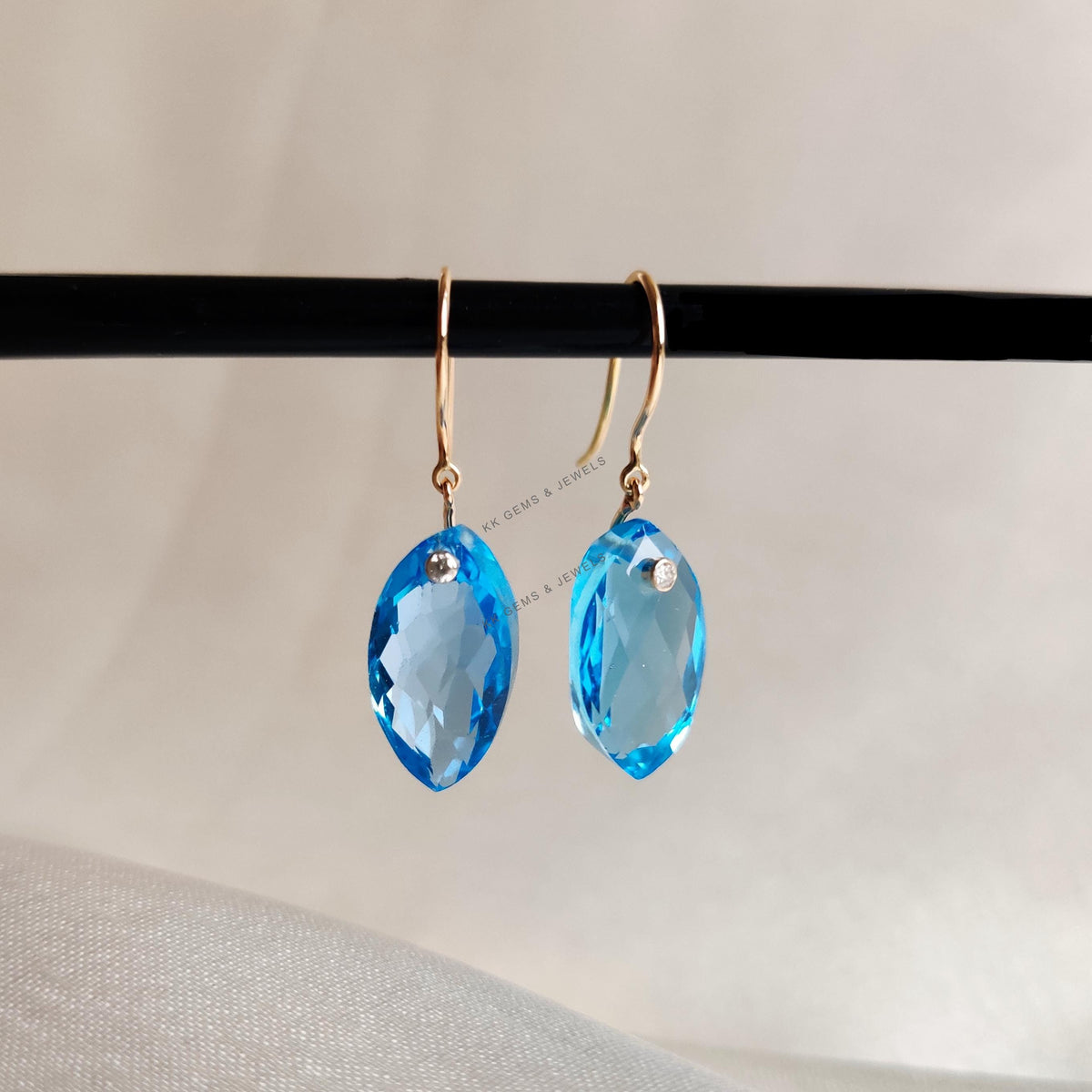 Natural Swiss Blue Topaz & Diamond Drill Earrings, 18K Yellow Gold Marquise Briolette