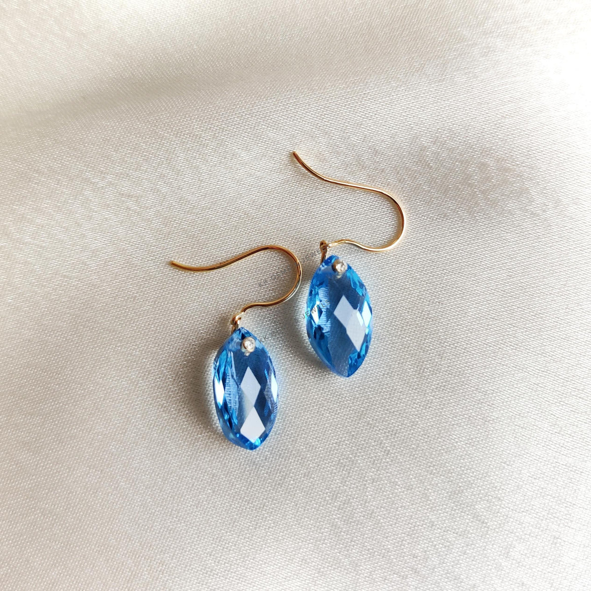 Natural Swiss Blue Topaz & Diamond Drill Earrings, 18K Yellow Gold Marquise Briolette