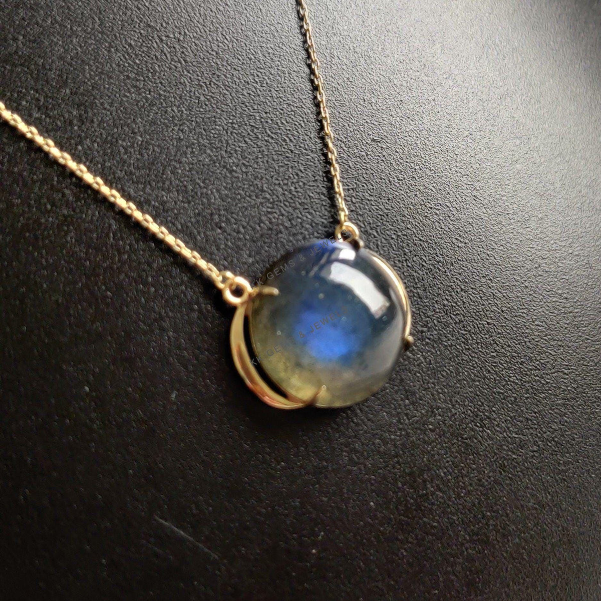 14K Solid Gold Natural Labradorite Pendant Necklace, August Birthstone