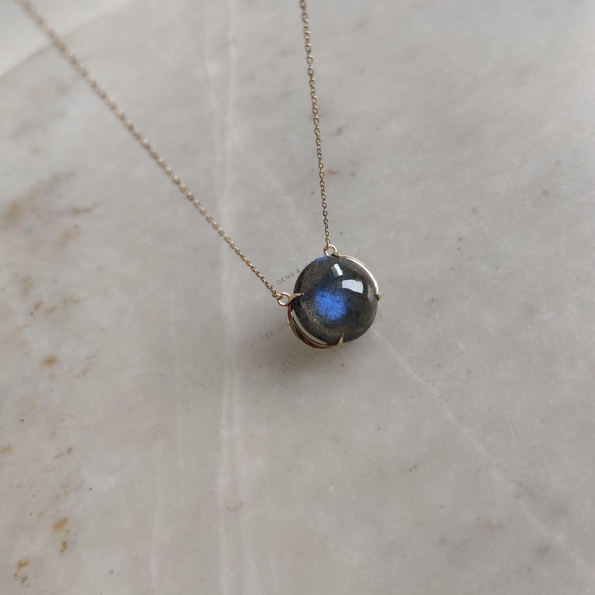 14K Solid Gold Natural Labradorite Pendant Necklace, August Birthstone