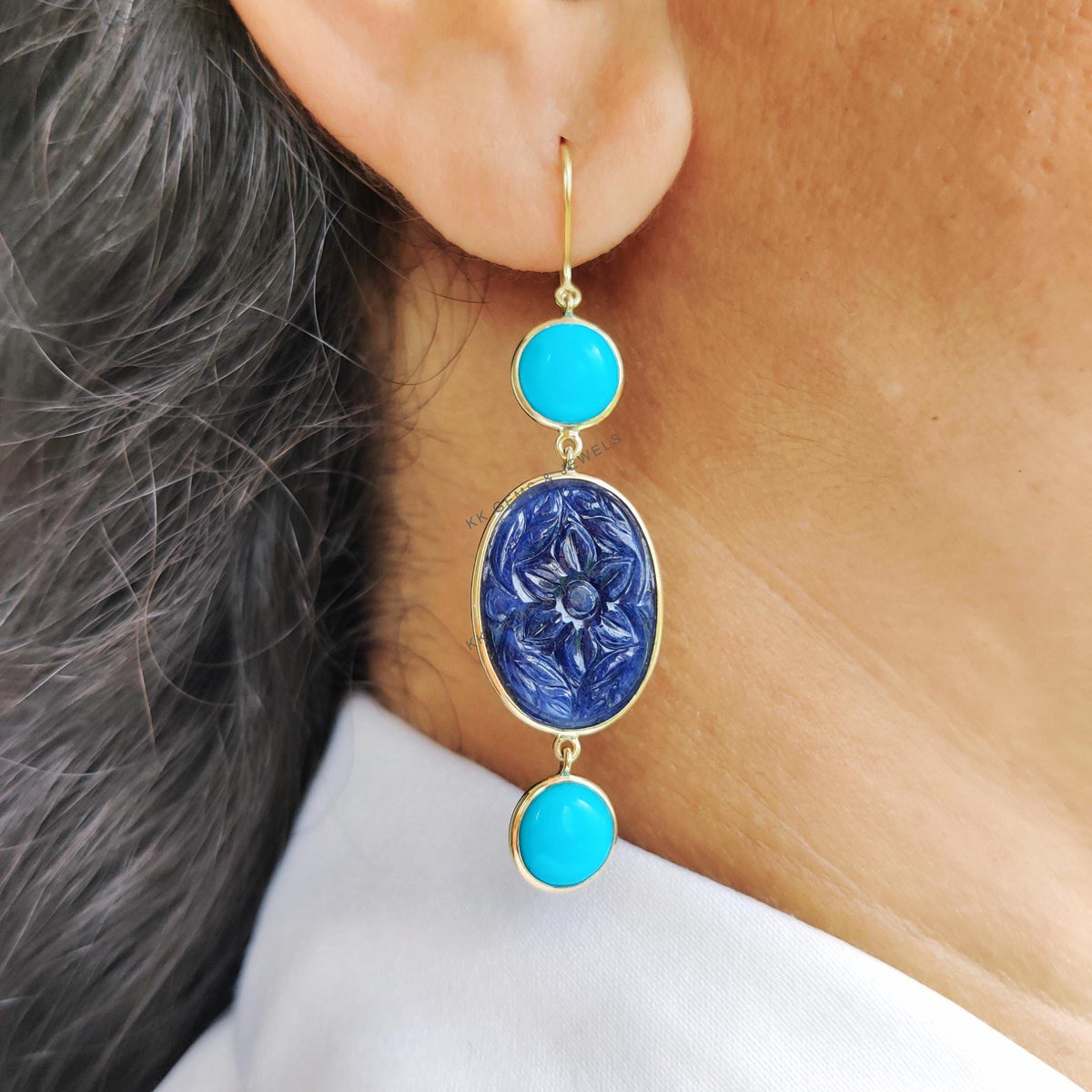 14K Solid Yellow Gold Natural Turquoise & Carving Blue Sapphire Danglers, September Birthstone