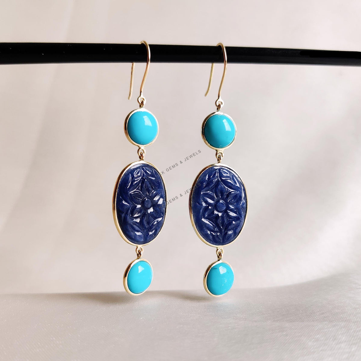 14K Solid Yellow Gold Natural Turquoise & Carving Blue Sapphire Danglers, September Birthstone