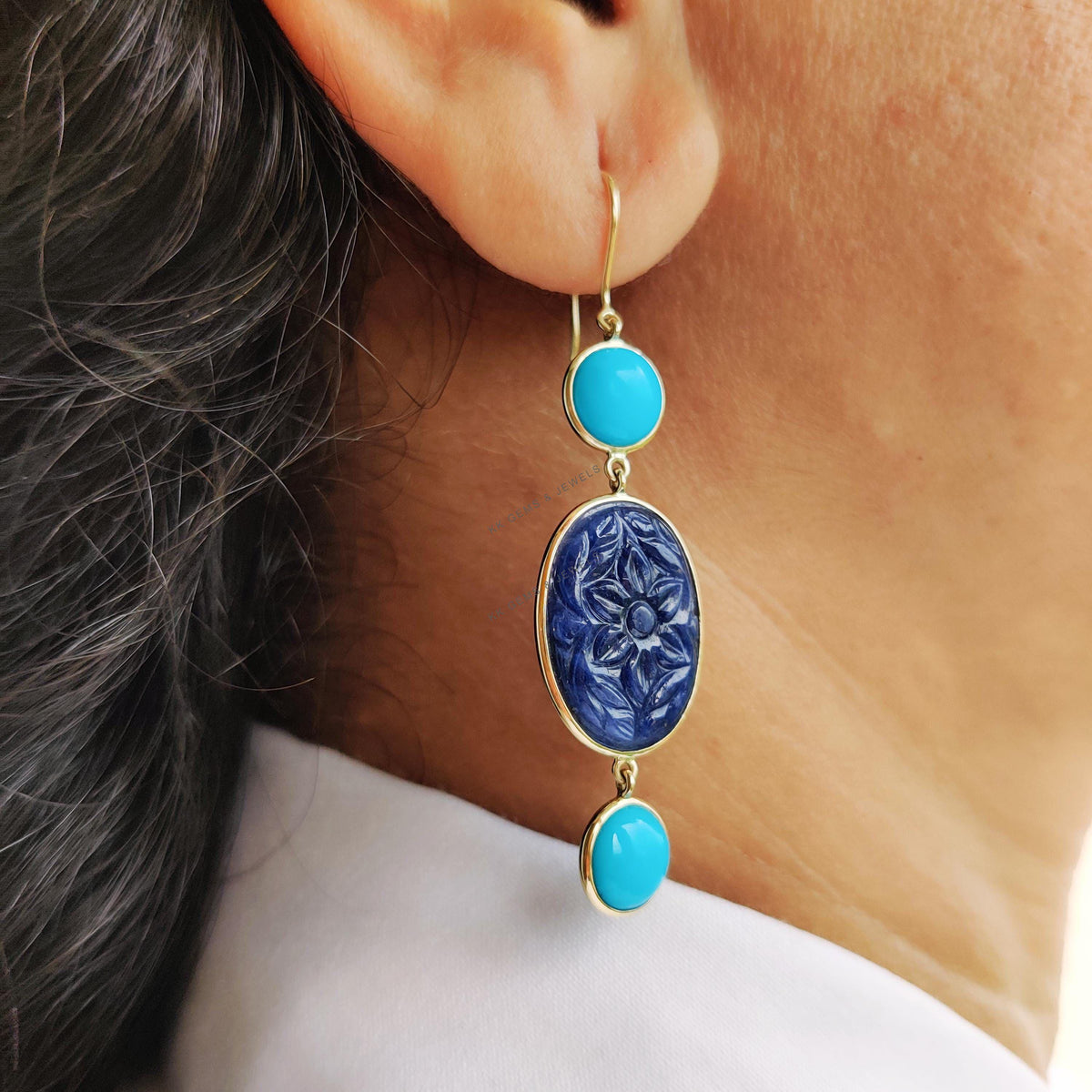 14K Solid Yellow Gold Natural Turquoise & Carving Blue Sapphire Danglers, September Birthstone