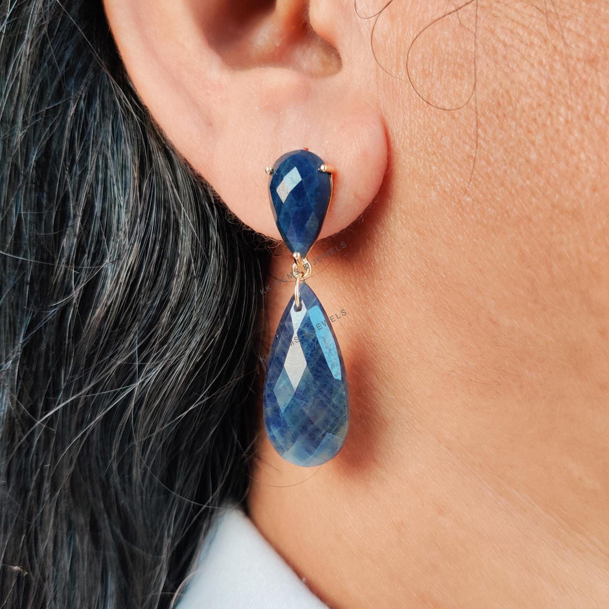 Natural Blue Sapphire 14K Solid Yellow Gold Pear Danglers, September Birthstone