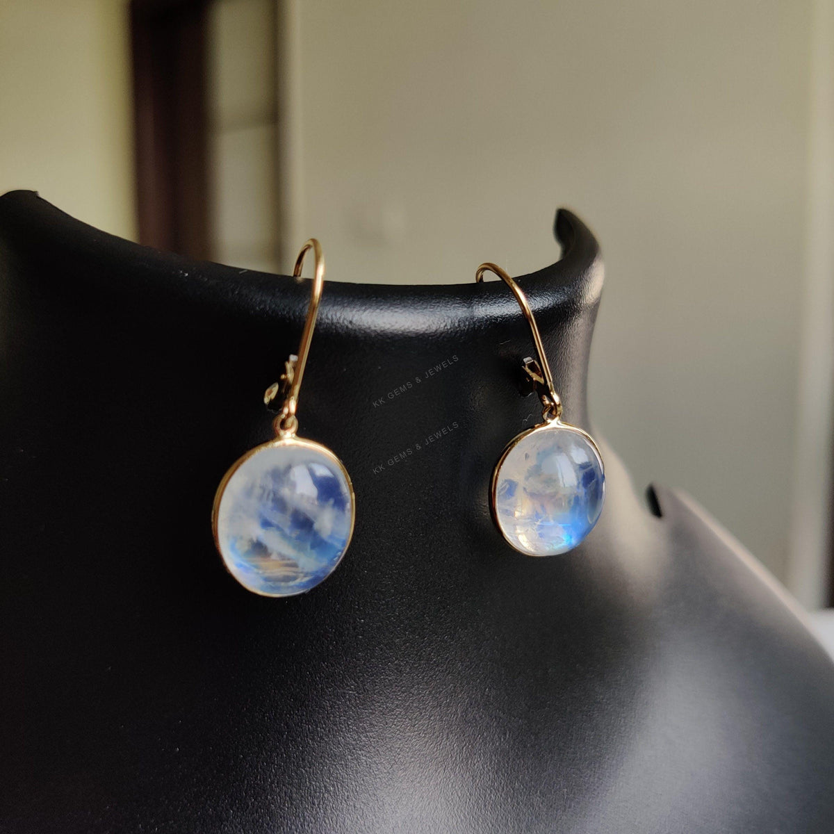 Natural Rainbow Moonstone Earrings, 14K Solid Yellow Gold, June Birthstone