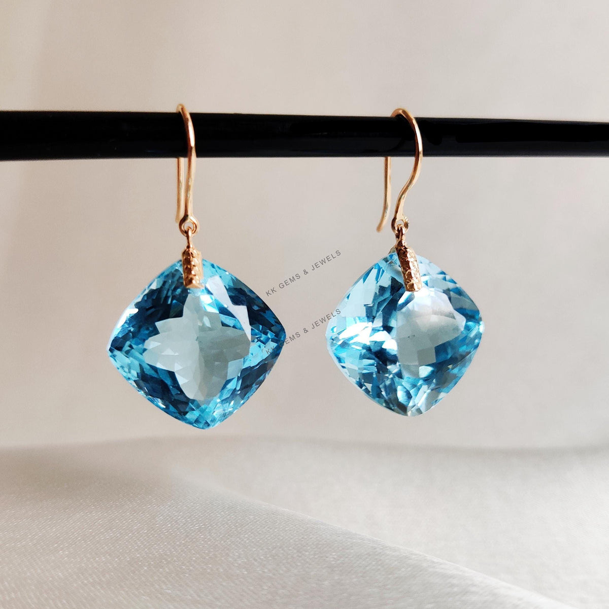 14K Solid Yellow Gold Natural Sky Blue Topaz Drill Earrings, December Birthstone