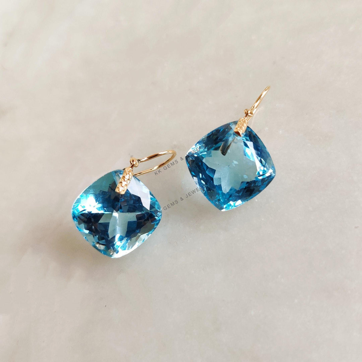 14K Solid Yellow Gold Natural Sky Blue Topaz Drill Earrings, December Birthstone