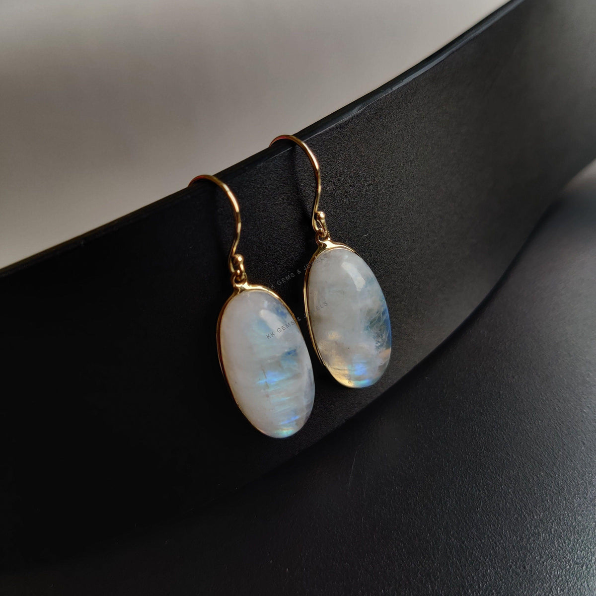 Natural Rainbow Moonstone Earrings: 14K Solid Yellow Gold Bezel, June Birthstone