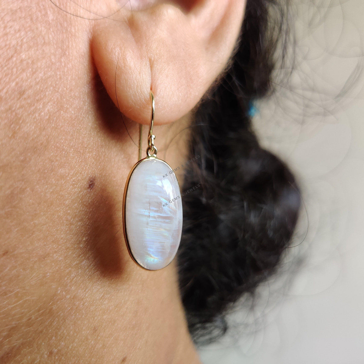Natural Rainbow Moonstone Earrings: 14K Solid Yellow Gold Bezel, June Birthstone