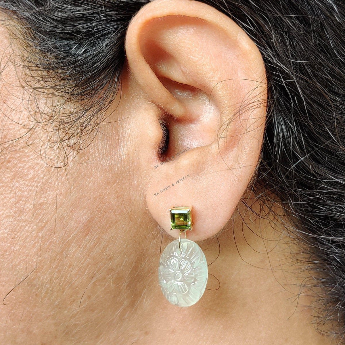 14K Solid Yellow Gold Natural Peridot Carved Prehnite Earrings, August Birthstone