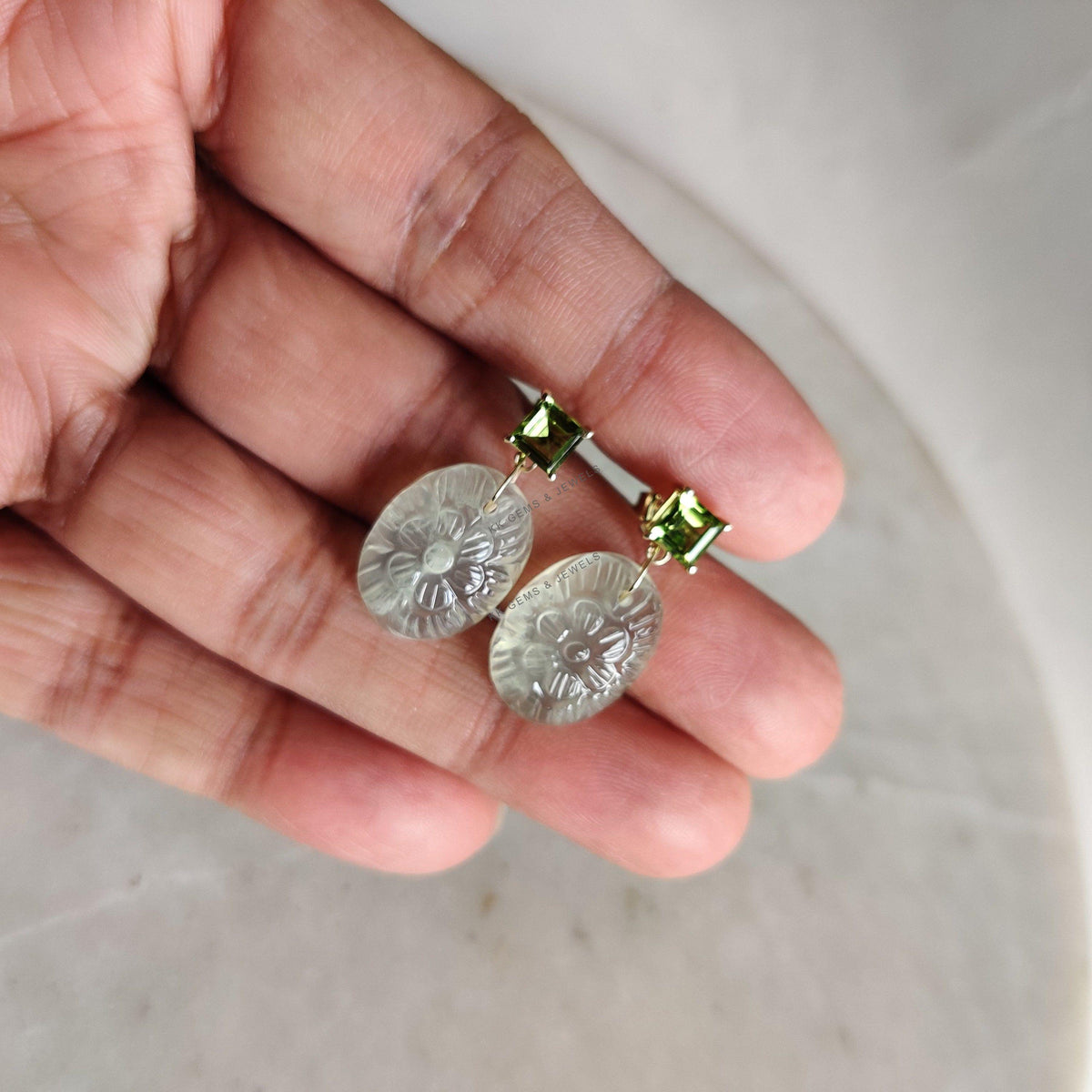 14K Solid Yellow Gold Natural Peridot Carved Prehnite Earrings, August Birthstone