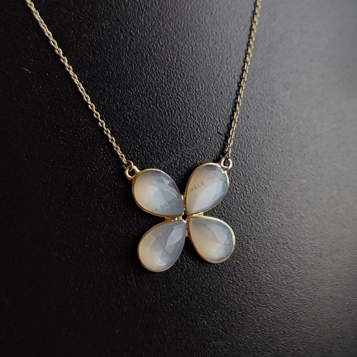 14K Solid Yellow Gold Natural White Moonstone Chain Flower Necklace, June Birthstone