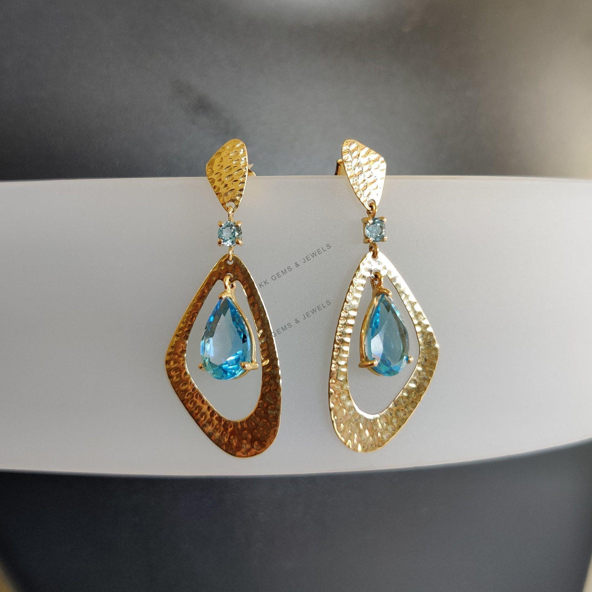 14K Solid Yellow Gold Natural Swiss & Sky Blue Topaz Earrings, December Birthstone