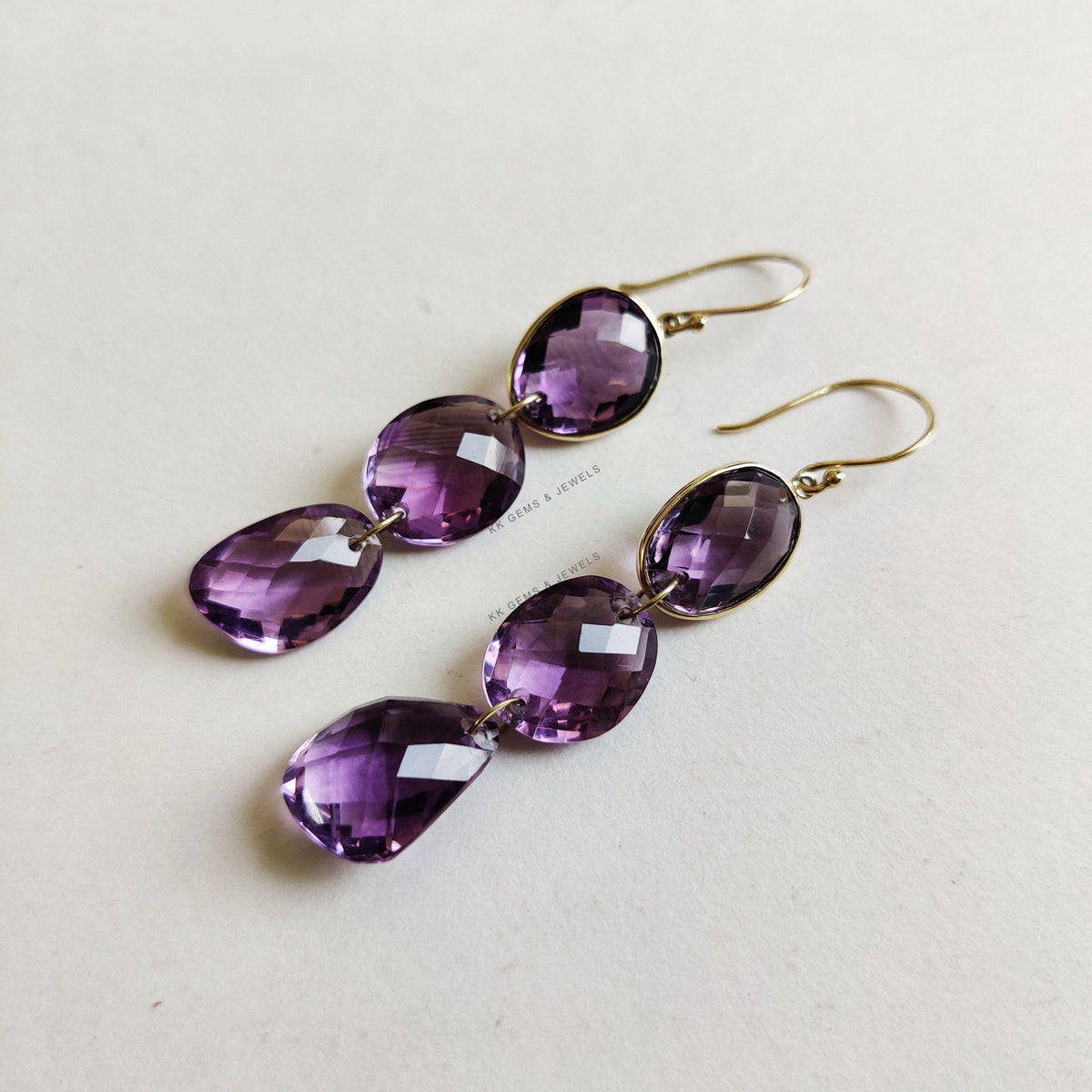 14K Solid Yellow Gold Natural Purple Amethyst Earrings, February Birthstone