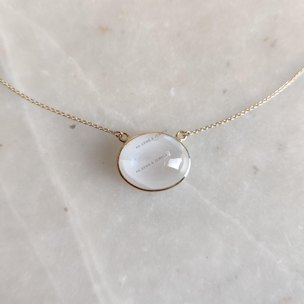 14K Solid Gold Natural Rainbow Moonstone Chain Necklace, June Birthstone