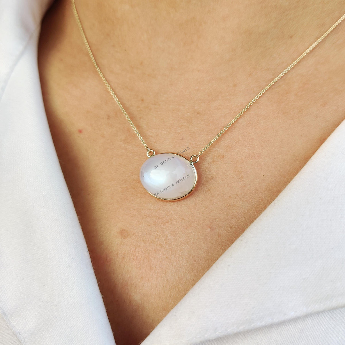 14K Solid Gold Natural Rainbow Moonstone Chain Necklace, June Birthstone