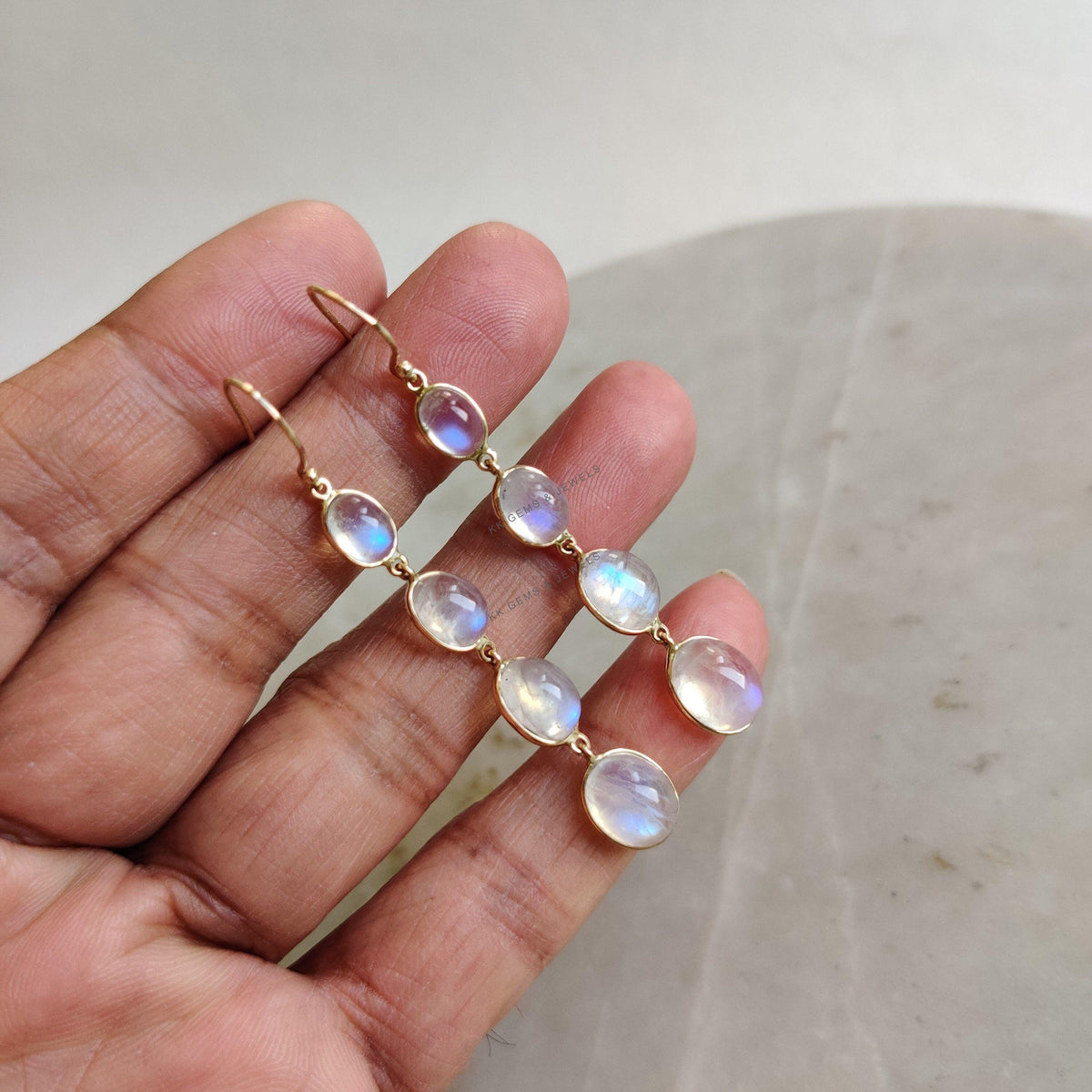 14K Solid Gold Natural Rainbow Moonstone Bezel Danglers , June Birthstone