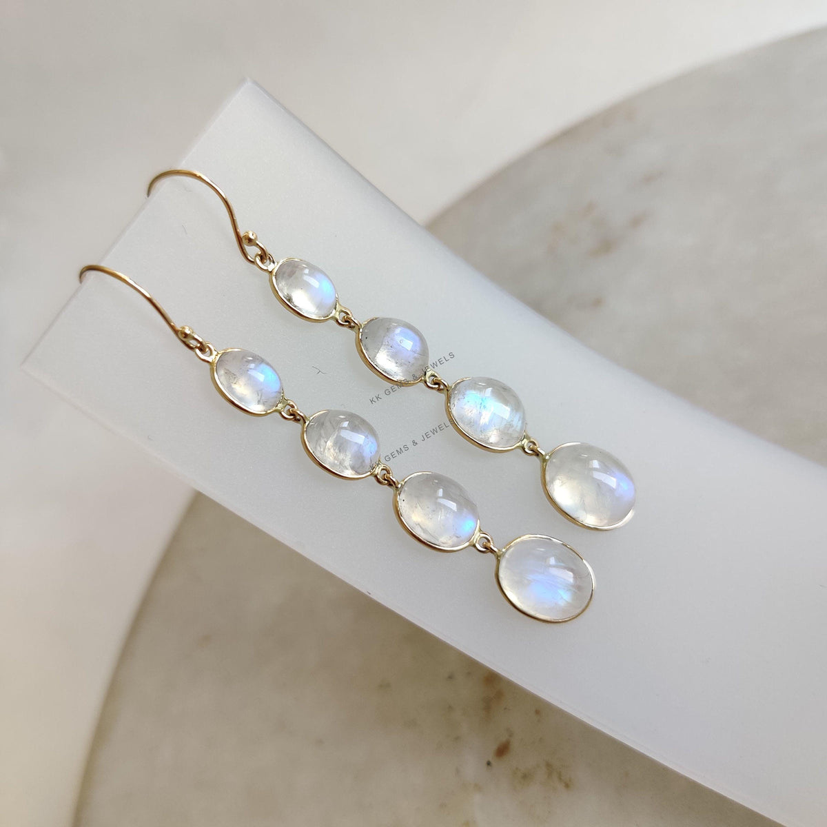 14K Solid Gold Natural Rainbow Moonstone Bezel Danglers , June Birthstone
