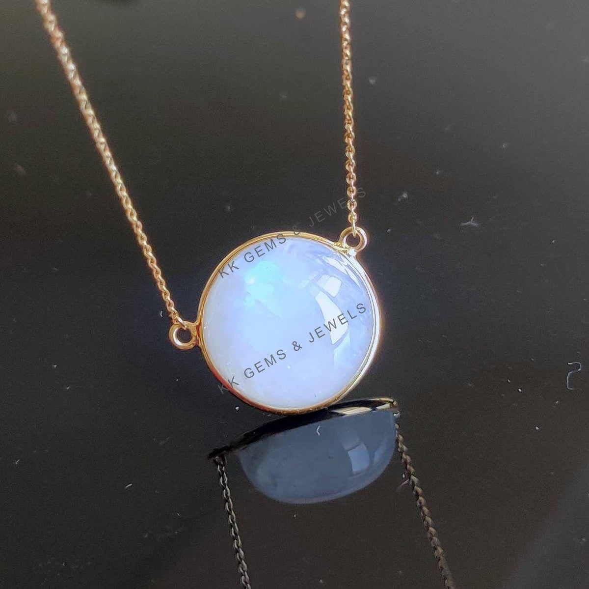 Natural Rainbow Moonstone Round Chain Necklace, 14K Solid Yellow Gold, June Birthstone