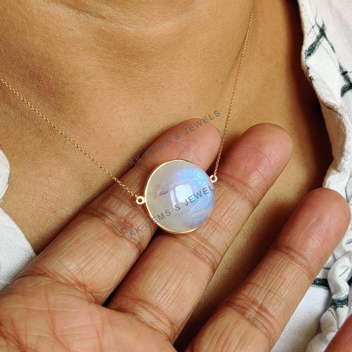 Natural Rainbow Moonstone Round Chain Necklace, 14K Solid Yellow Gold, June Birthstone