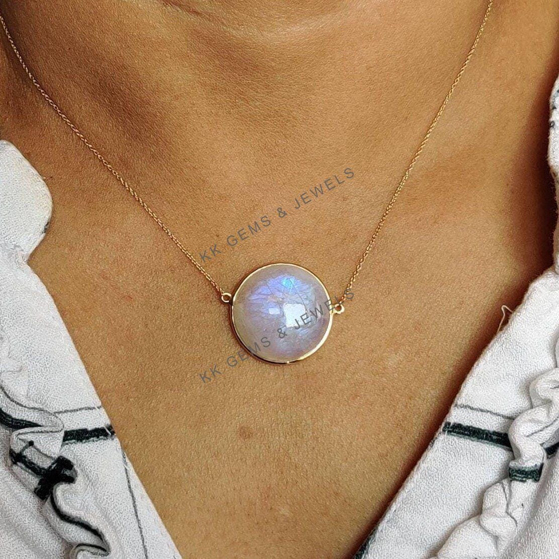 Natural Rainbow Moonstone Round Chain Necklace, 14K Solid Yellow Gold, June Birthstone